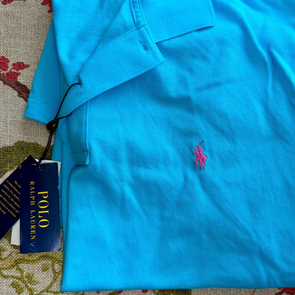 NWT Rare Turquoise Blue Pink Logo Ralph Lauren Cotton Mesh Polo Shirt Mens XLT